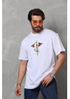 Unisex Bisiklet Yaka Baskılı Oversize T-Shirt - Beyaz