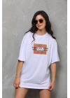 Unisex Bisiklet Yaka Baskılı Oversize T-Shirt - Beyaz