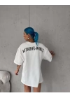 Unisex Bisiklet Yaka Baskılı Oversize T-Shirt - Beyaz