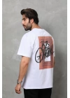 Unisex Bisiklet Yaka Baskılı Oversize T-Shirt - Beyaz