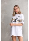 Unisex Bisiklet Yaka Baskılı Oversize T-Shirt - Beyaz