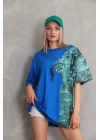 Unisex Bisiklet Yaka Baskılı Oversize T-Shirt - Mavi