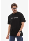 Unisex Bisiklet Yaka Baskılı Oversize T-Shirt - Siyah