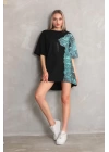 Unisex Bisiklet Yaka Baskılı Oversize T-Shirt - Siyah