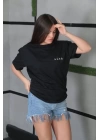 Unisex Bisiklet Yaka Baskılı Oversize T-Shirt - Siyah