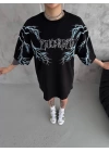 Unisex Bisiklet Yaka Baskılı Oversize T-Shirt - Siyah