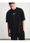 Unisex Bisiklet Yaka Baskılı Oversize T-Shirt - Siyah