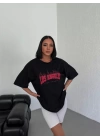 Unisex Bisiklet Yaka Baskılı Oversize T-Shirt - Siyah