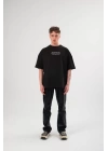 Unisex Bisiklet Yaka Baskılı Oversize T-Shirt - Siyah