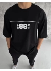 Unisex Bisiklet Yaka Baskılı Oversize T-Shirt - Siyah