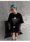 Unisex Bisiklet Yaka Baskılı Oversize T-Shirt - Siyah