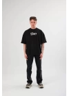 Unisex Bisiklet Yaka Baskılı Oversize T-Shirt - Siyah