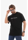 Unisex Bisiklet Yaka Baskılı Oversize T-Shirt - Siyah