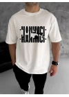 Unisex Bisiklet Yaka Katlanan Baskılı T-Shirt - Beyaz