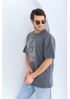 Unisex Oversize Taşlı Bisiklet Yaka T-Shirt - Füme