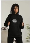 Unisex Sırt Baskılı Kapüşonlu Üç İplik Oversize Sweatshirt - Siyah