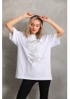 Unisex Taş Desenli Oversize T-Shirt - Beyaz