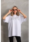 Unisex Taş Desenli Oversize T-Shirt - Beyaz