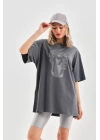 Unisex Taş Desenli Oversize T-Shirt - Füme