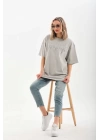 Unisex Taş Desenli Oversize T-Shirt - Gri