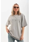 Unisex Taş Desenli Oversize T-Shirt - Gri