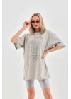 Unisex Taş Desenli Oversize T-Shirt - Gri