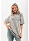 Unisex Taş Desenli Oversize T-Shirt - Gri