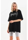 Unisex Taş Desenli Oversize T-Shirt - Siyah