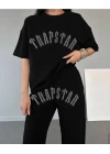 Unisex Taşlı T-Shirt ve Eşofman Takımı - Siyah