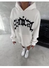 Unisex Üç İplik Kapşonlu Baskılı SweatShirt - Beyaz