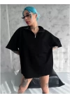 Unisex Yarım Fermuarlı Düz Oversize T-Shirt - Siyah