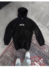 Uzun Kol Kapşonlu Göğüs Baskılı SweatShirt - Siyah