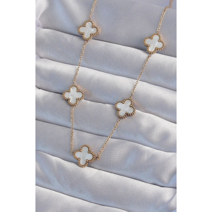 316L Çelik Gold Renk Beyaz Sedefli Yonca Kolye