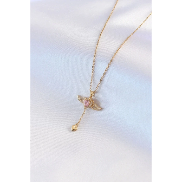 316L Çelik Gold Renk Kanatlı Kalp Model Zirkon Taş Detay Kadın Kolye