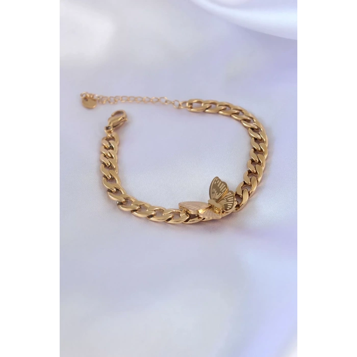 316L Çelik Gold Renk Kelebek Figür İşleme Detay Zincir Model Kadın Bileklik