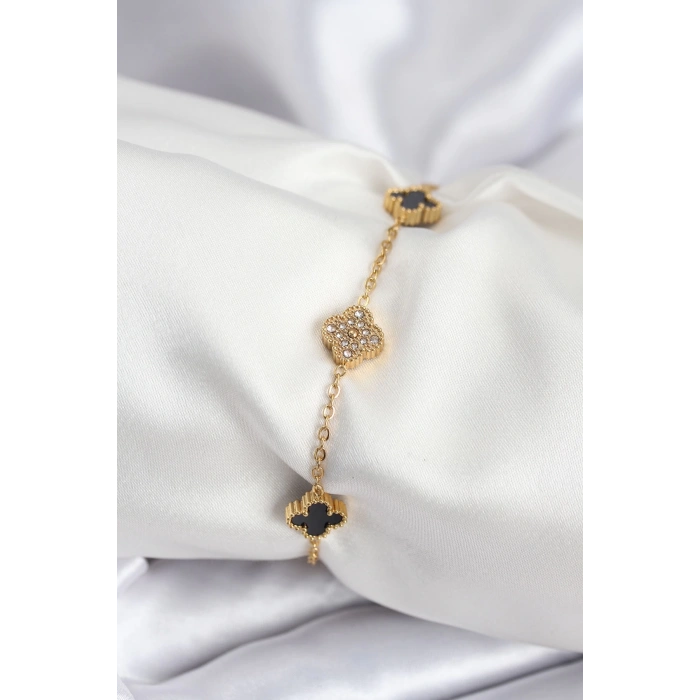 316L Çelik Gold Renk Siyah ve Zirkon Taşlı Baby Boy Yonca Kadın Bileklik