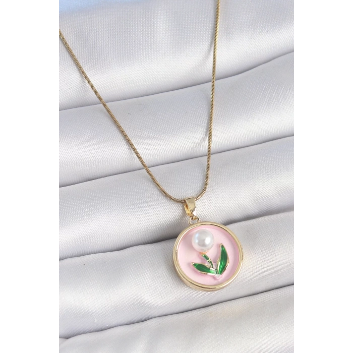 316L Çelik Gold Renk Zincir Pembe Mineli İncili Çiçek İşlemeli Portre Model Kadın Kolye