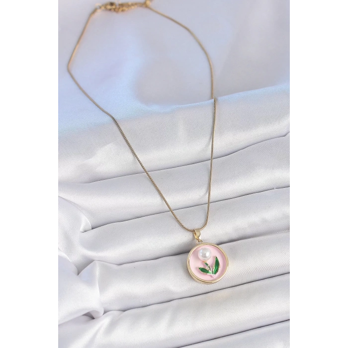 316L Çelik Gold Renk Zincir Pembe Mineli İncili Çiçek İşlemeli Portre Model Kadın Kolye