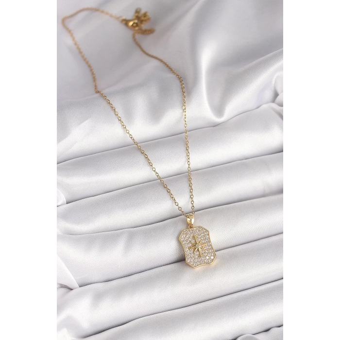 316L Çelik Gold Renk Zincir Zirkon Taşlı Kutup Yıldız İşlemeli Madalyon Model Kadın Kolye