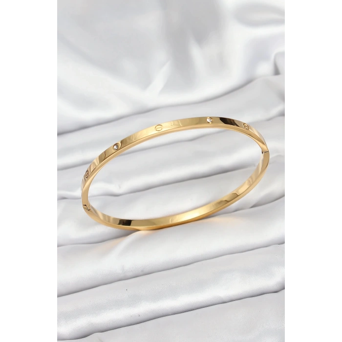 316L Çelik Gold Renk Zirkon Taşlı 65 mm İnce Kadın Kelepçe Bileklik