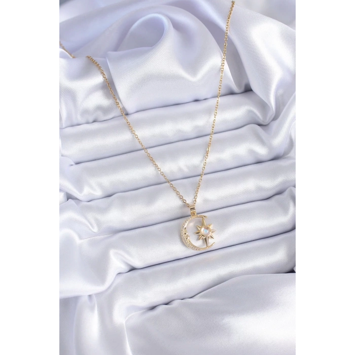 316L Çelik Gold Renk Zirkon Taşlı Ay Yıldız Model Kadın Kolye