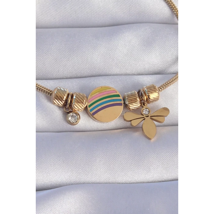 316L Çelik Gold Renk Zirkon Taşlı Gökkuşağı Tasarımlı Yusufçuk Bileklik