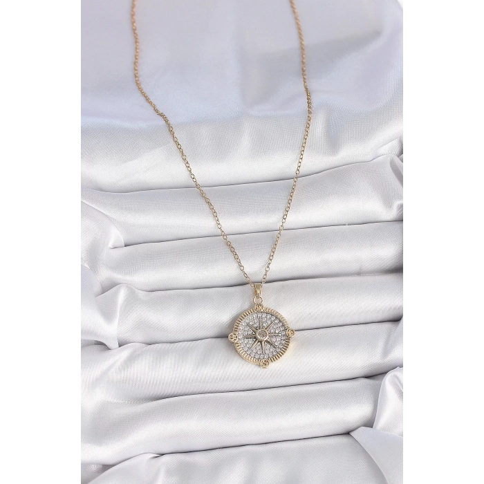 316L Çelik Gold Renk Zirkon Taşlı Pusula Model Kadın Kolye