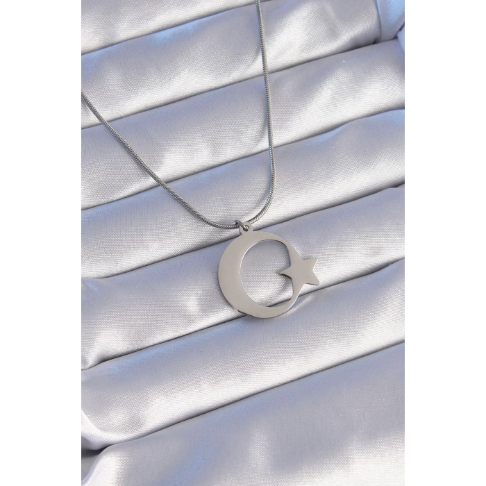 316L Çelik Gümüş Renk Ay Yıldız Model Unisex Kolye