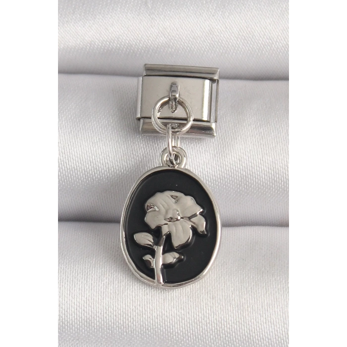 316L Çelik Gümüş Renk Gümüş Çiçek İşlemeli Siyah Portre Model Nomination Charm