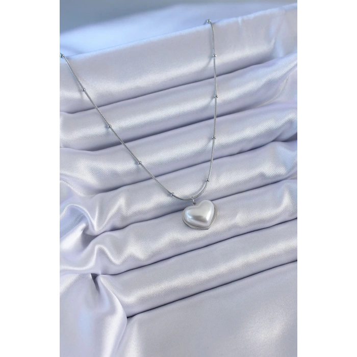 316L Çelik Gümüş Renk İncili Kalp Model Minimal Top Detay Kadın Kolye