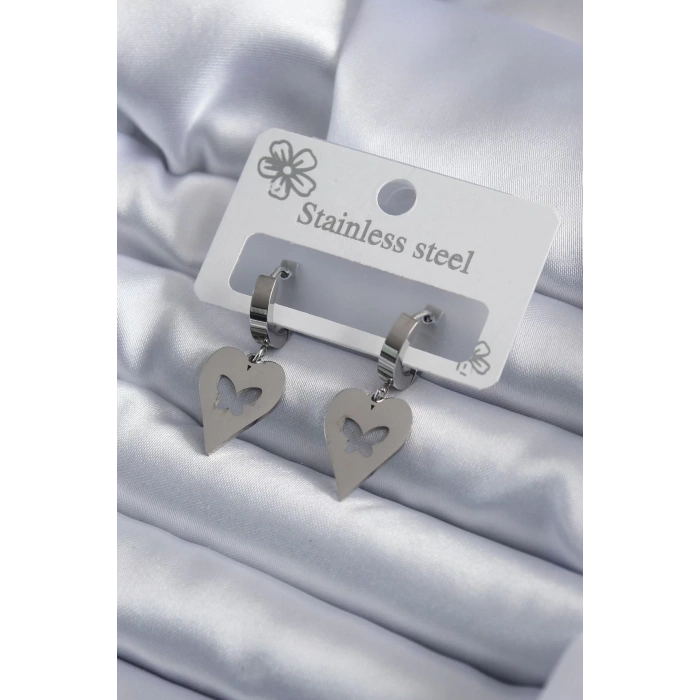 316L Çelik Gümüş Renk Kalp Model Kelebek İşleme Kadın Küpe