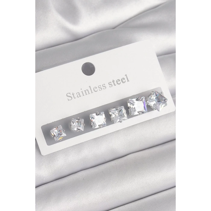 316L Çelik Gümüş Renk Kare Zirkon Taşlı Kadın Küpe Seti