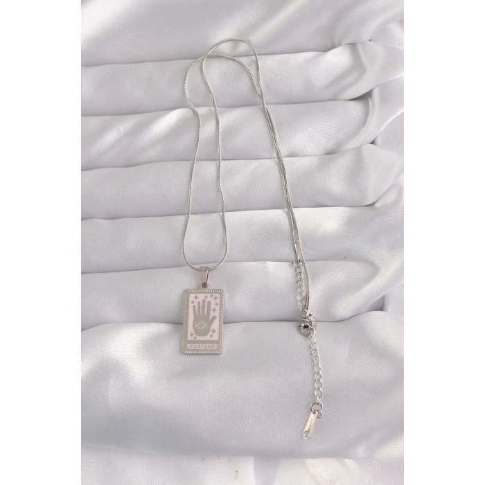 316L Çelik Gümüş Renk Pembe Mineli El Figür Tarot Kolye