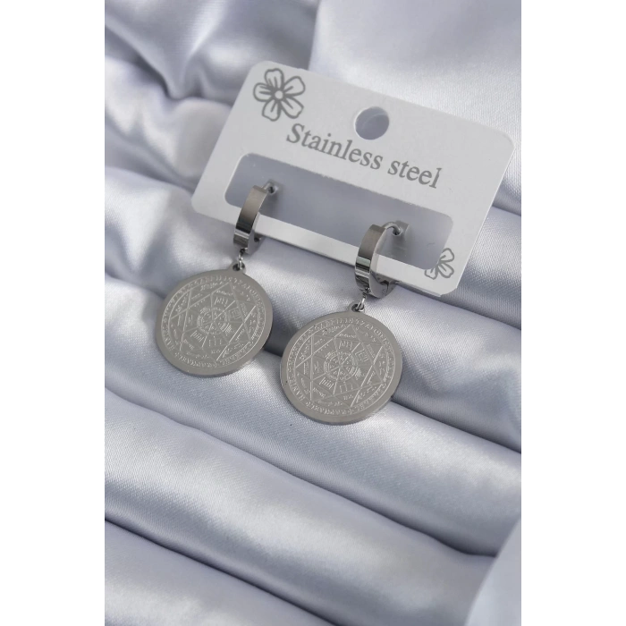 316L Çelik Gümüş Renk Pentagram Yıldızı İşleme Kadın Küpe